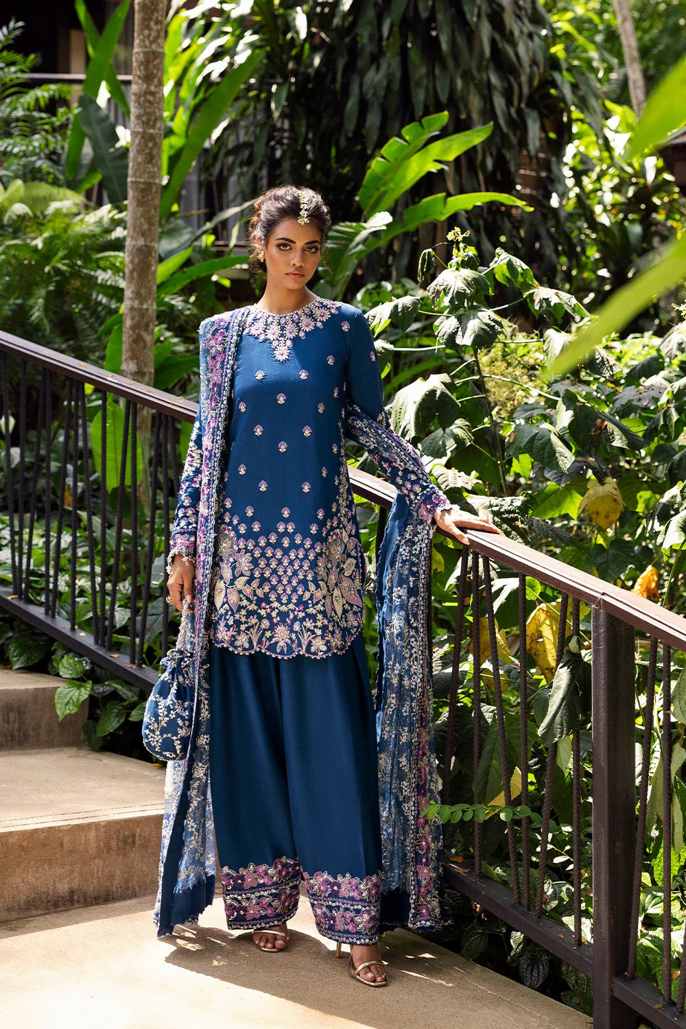 Royal Blue 3-piece unstitched set in net & raw silk with hand and machine embroidery. Elegant design perfect for weddings and festive occasions.