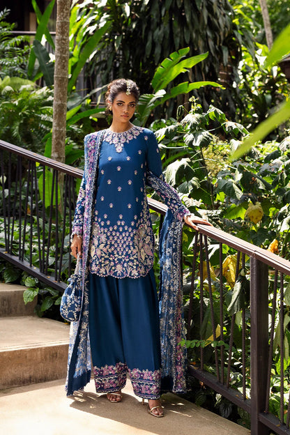 Royal Blue 3-piece unstitched set in net & raw silk with hand and machine embroidery. Elegant design perfect for weddings and festive occasions.
