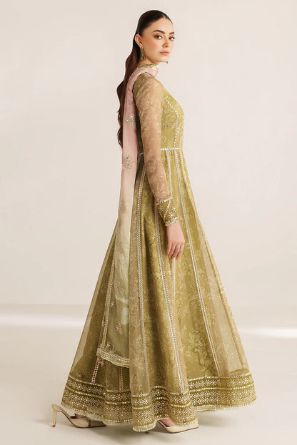 Graceful embroidered chiffon ensemble with printed sleeves, dupatta borders, and raw silk bottom. Elegant, lightweight design perfect for formal wear events.