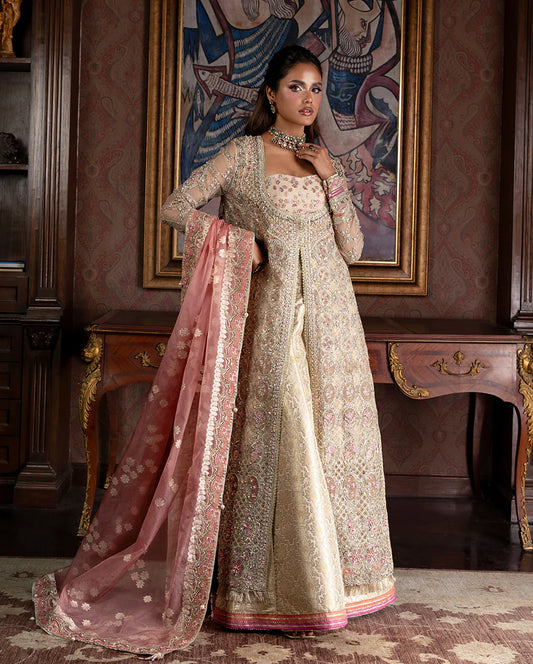 Luxury organza wedding formal with sequined embroidery, lurex dupatta, hand-finished borders, and exclusive jamawar lehenga for a regal festive look.