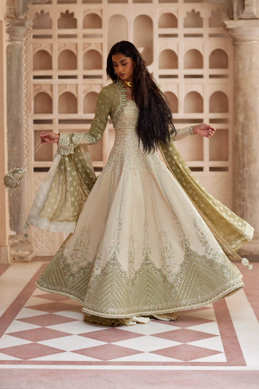 Soraya Lehr olive and cream Chanderi silk pishwas – Silk Edit'26