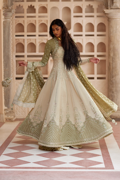 Soraya Lehr olive and cream Chanderi silk pishwas – Silk Edit'26