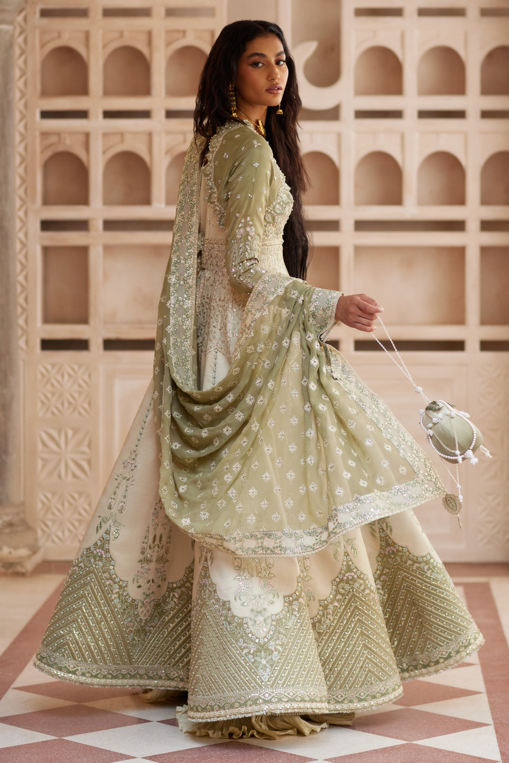 Lehr olive and cream Pakistani festive wear by Soraya, UK