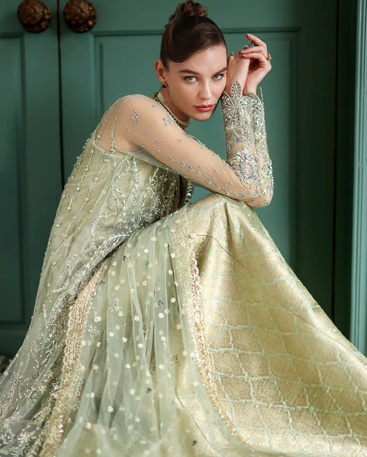 Elegant hand-embroidered net shirt with sequins & organza, paired with dyed jamawar lehenga. Perfect for weddings, festive, and special occasions.