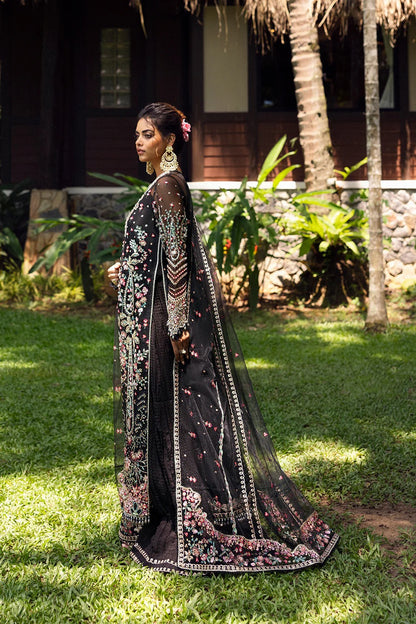 Elegant black 3-piece unstitched set in organza & net with hand and machine embroidery, including raw silk trouser and dupatta, perfect for weddings and festive events.
