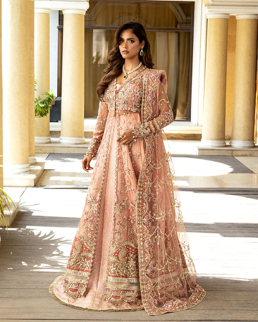 Elegant wedding formal featuring hand-embroidered sequined net shirt, organza borders, sequined dupatta, and luxurious dyed jamawar lehenga with golden lace finishes.