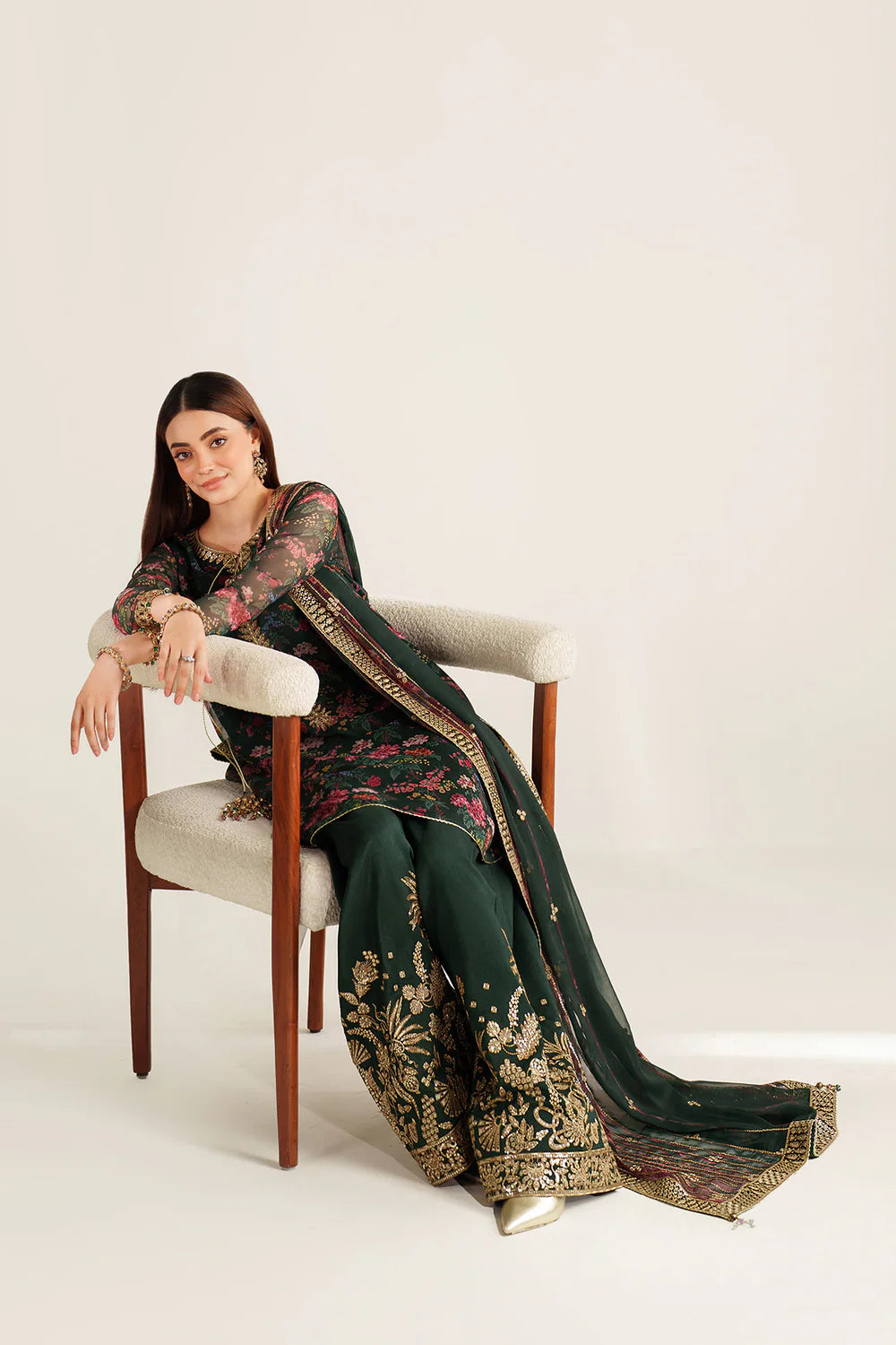 Elegant embroidered chiffon suit with printed dupatta, refined sleeve borders, and embroidered raw silk bottom for a timeless, sophisticated formal look wear.