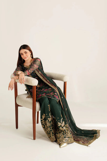 Elegant embroidered chiffon suit with printed dupatta, refined sleeve borders, and embroidered raw silk bottom for a timeless, sophisticated formal look wear.