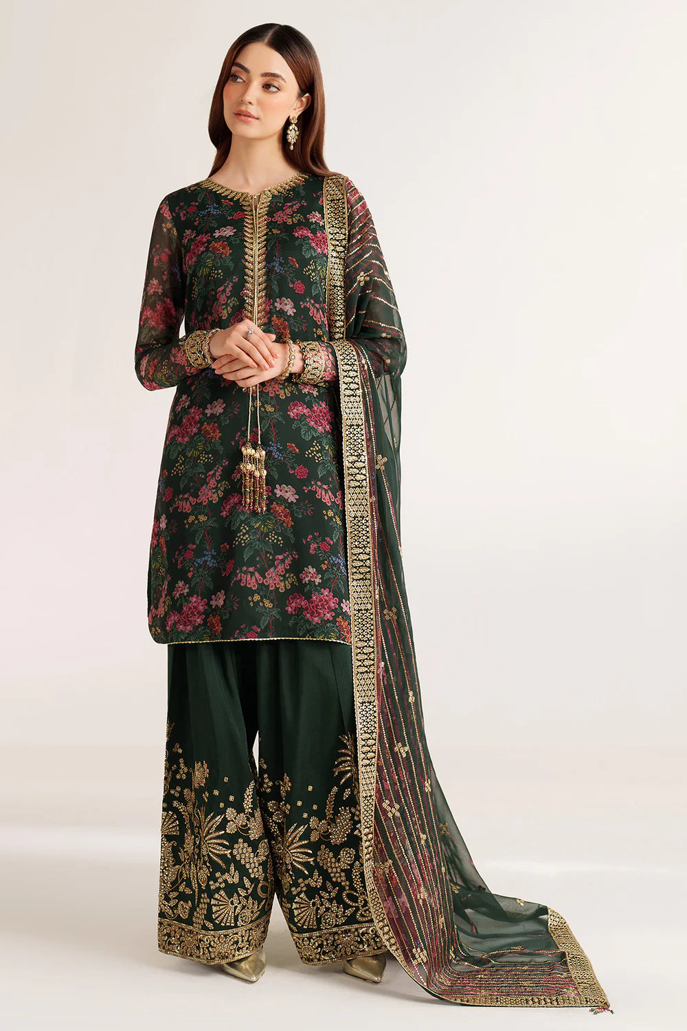Elegant embroidered chiffon suit with printed dupatta, refined sleeve borders, and embroidered raw silk bottom for a timeless, sophisticated formal look wear.