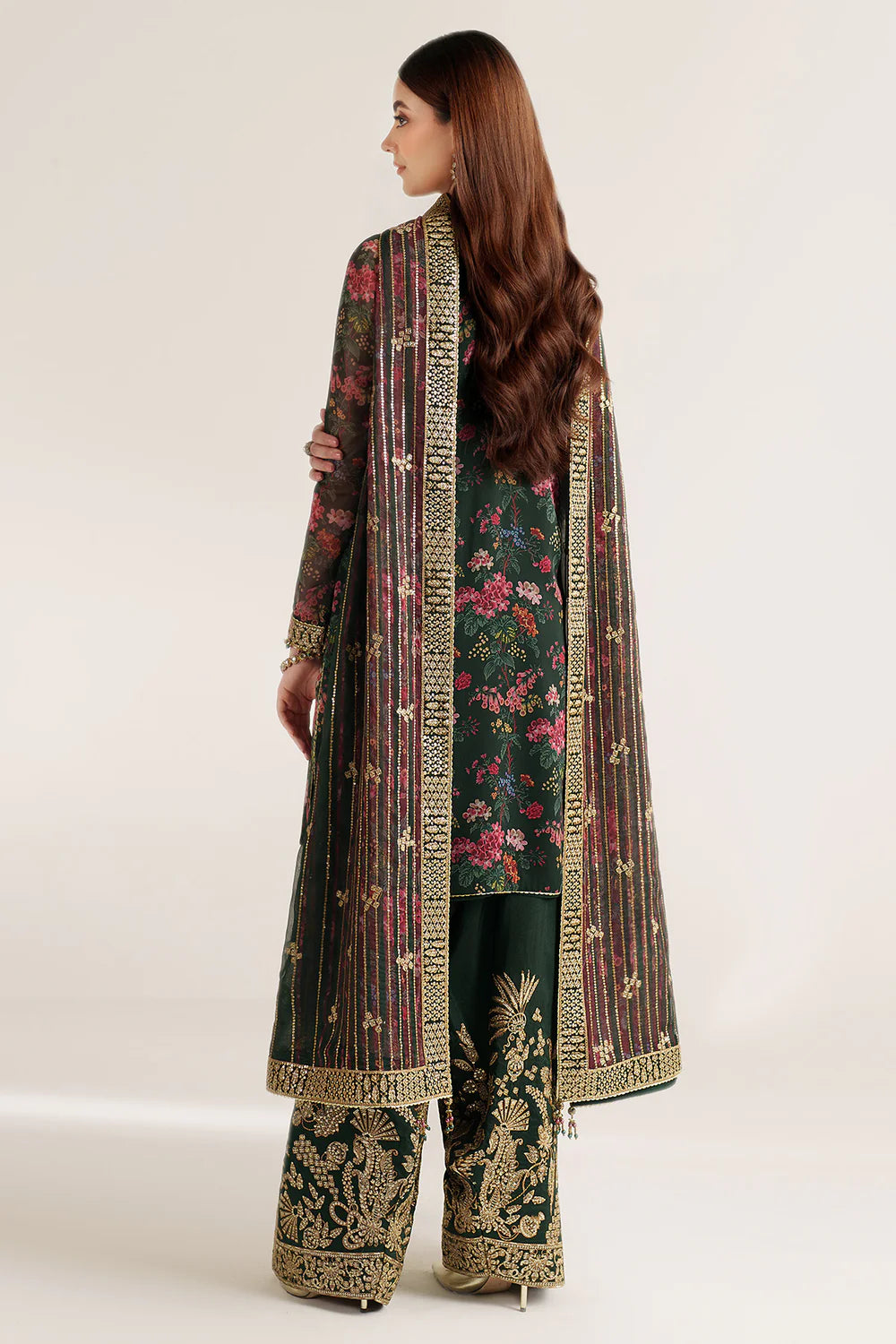 Elegant embroidered chiffon suit with printed dupatta, refined sleeve borders, and embroidered raw silk bottom for a timeless, sophisticated formal look wear.