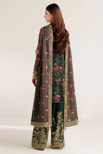 Elegant embroidered chiffon suit with printed dupatta, refined sleeve borders, and embroidered raw silk bottom for a timeless, sophisticated formal look wear.