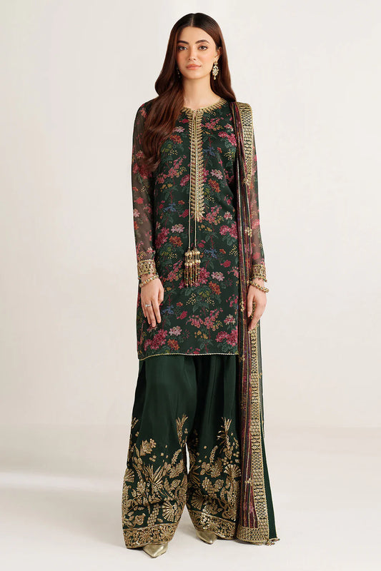Elegant embroidered chiffon suit with printed dupatta, refined sleeve borders, and embroidered raw silk bottom for a timeless, sophisticated formal look wear.