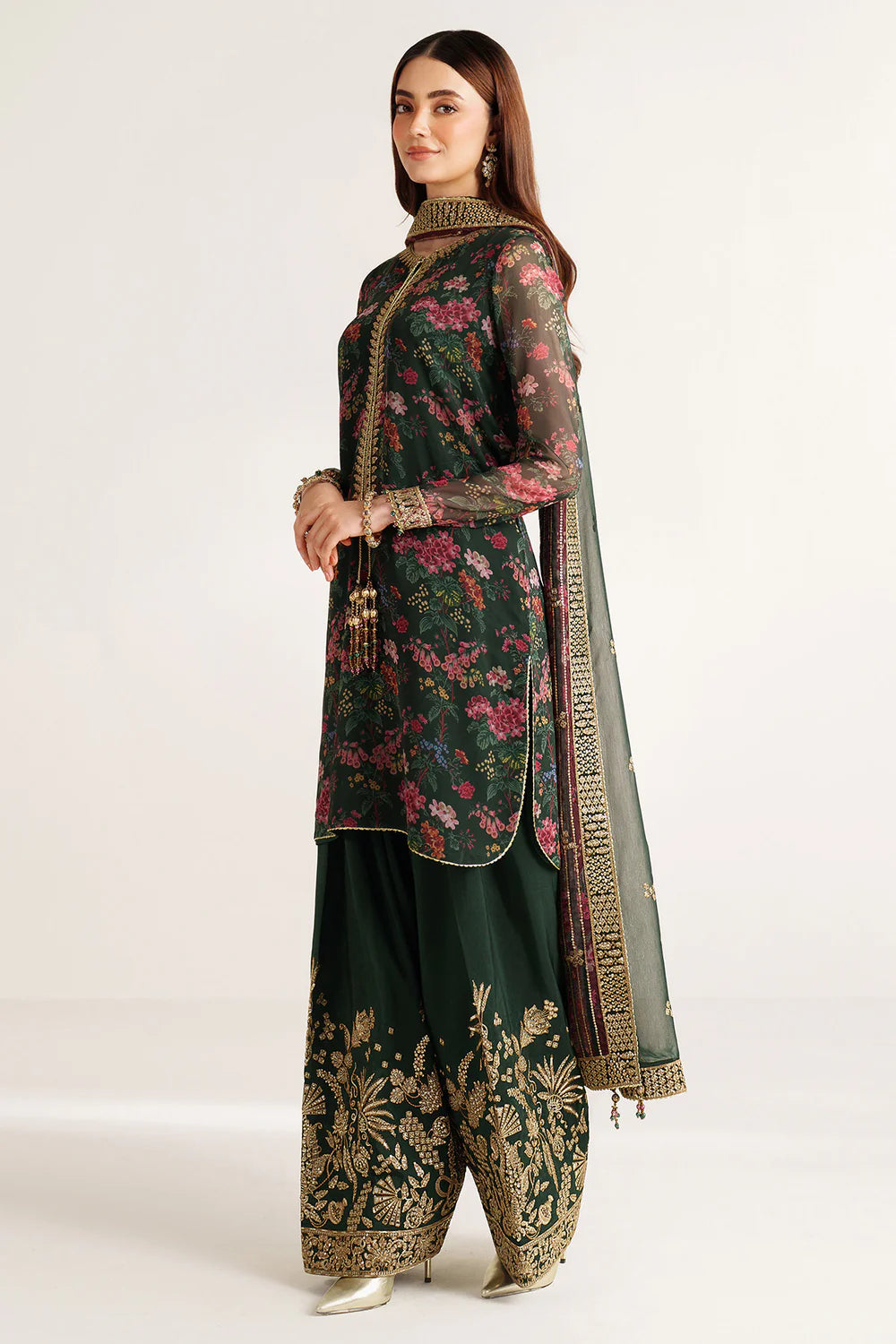 Elegant embroidered chiffon suit with printed dupatta, refined sleeve borders, and embroidered raw silk bottom for a timeless, sophisticated formal look wear.