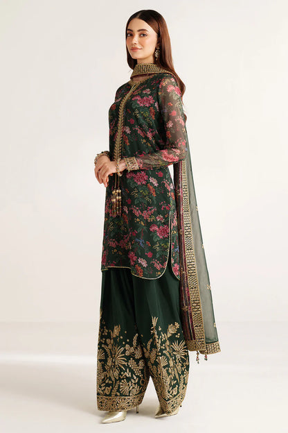 Elegant embroidered chiffon suit with printed dupatta, refined sleeve borders, and embroidered raw silk bottom for a timeless, sophisticated formal look wear.