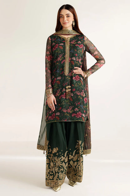 Elegant embroidered chiffon suit with printed dupatta, refined sleeve borders, and embroidered raw silk bottom for a timeless, sophisticated formal look wear.