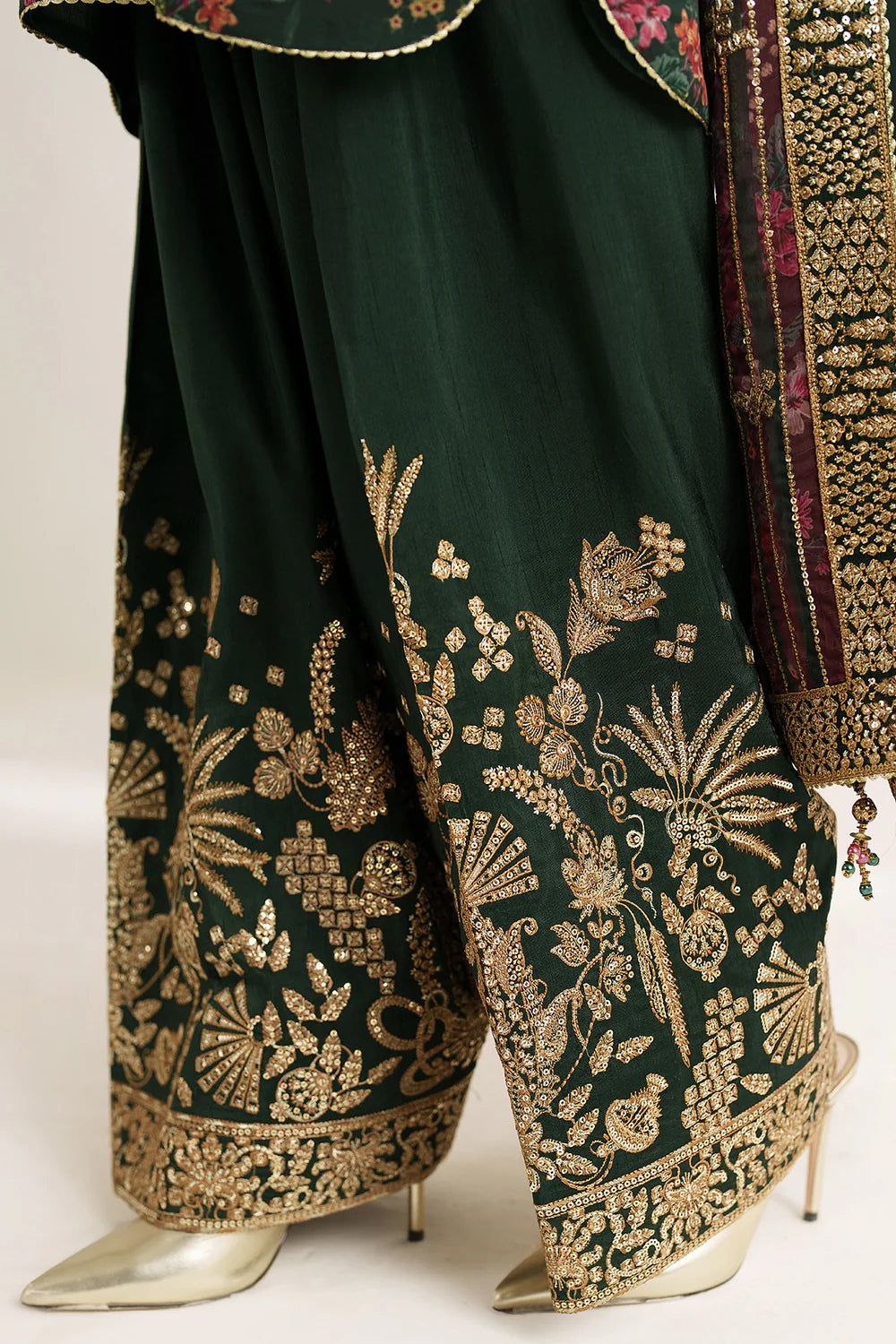 Elegant embroidered chiffon suit with printed dupatta, refined sleeve borders, and embroidered raw silk bottom for a timeless, sophisticated formal look wear.