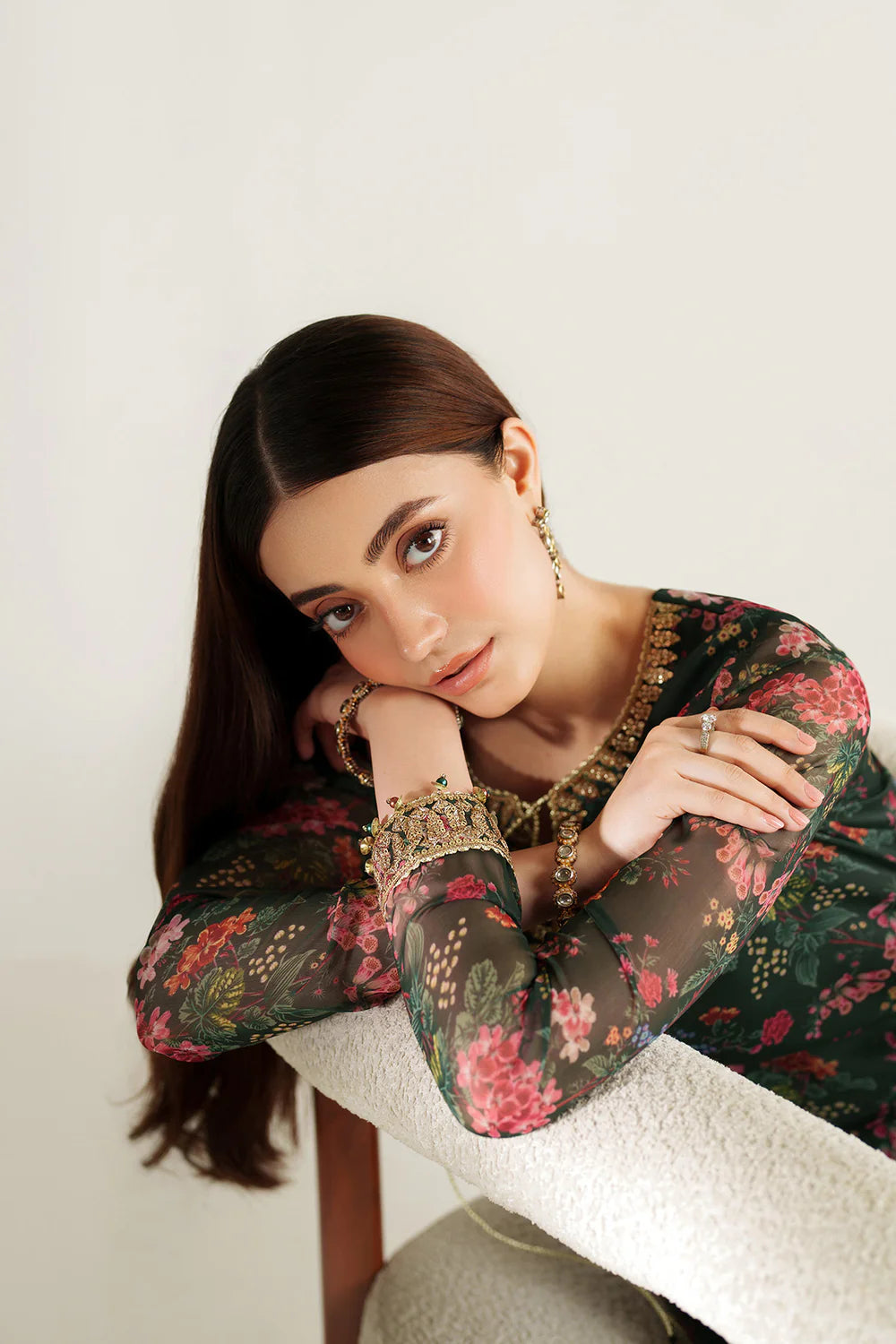 Elegant embroidered chiffon suit with printed dupatta, refined sleeve borders, and embroidered raw silk bottom for a timeless, sophisticated formal look wear.