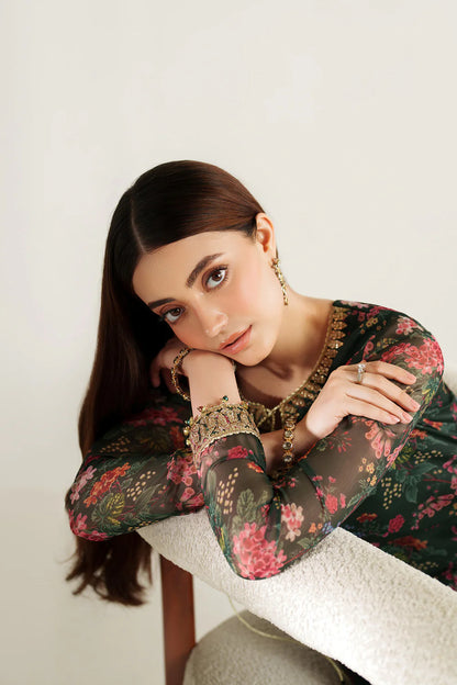 Elegant embroidered chiffon suit with printed dupatta, refined sleeve borders, and embroidered raw silk bottom for a timeless, sophisticated formal look wear.