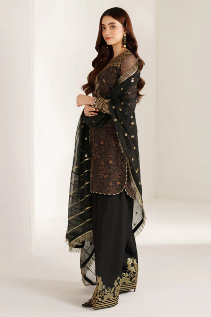 Graceful embroidered chiffon ensemble with printed front and sleeves, flowing back, rich raw silk bottom, and embroidered dupatta for timeless elegance.