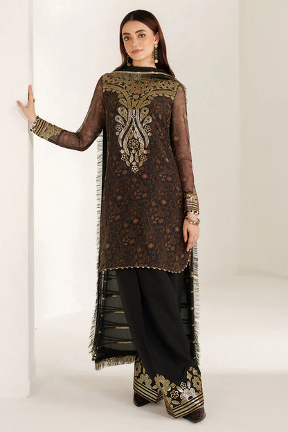 Graceful embroidered chiffon ensemble with printed front and sleeves, flowing back, rich raw silk bottom, and embroidered dupatta for timeless elegance.