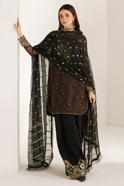 Graceful embroidered chiffon ensemble with printed front and sleeves, flowing back, rich raw silk bottom, and embroidered dupatta for timeless elegance.