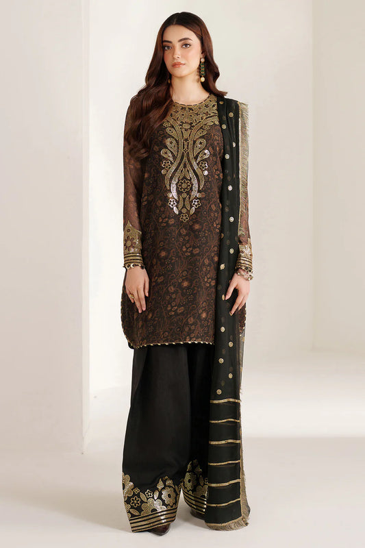 Graceful embroidered chiffon ensemble with printed front and sleeves, flowing back, rich raw silk bottom, and embroidered dupatta for timeless elegance.