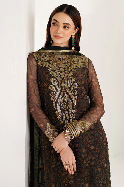 Graceful embroidered chiffon ensemble with printed front and sleeves, flowing back, rich raw silk bottom, and embroidered dupatta for timeless elegance.