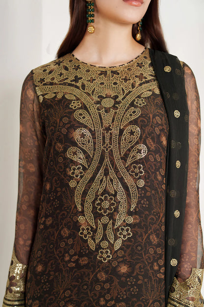 Graceful embroidered chiffon ensemble with printed front and sleeves, flowing back, rich raw silk bottom, and embroidered dupatta for timeless elegance.