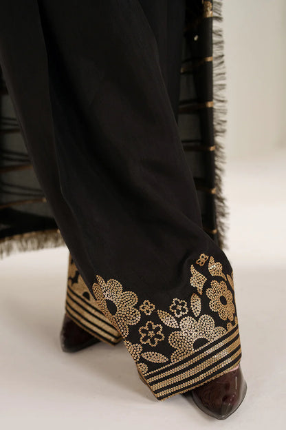 Graceful embroidered chiffon ensemble with printed front and sleeves, flowing back, rich raw silk bottom, and embroidered dupatta for timeless elegance.