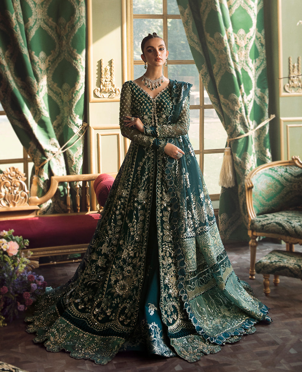 Republic Womenswear Une Jacinthe teal organza lehenga set