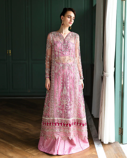 Elegant hand-embroidered net shirt with sequins & organza, paired with dyed jamawar lehenga. Ideal for weddings, festive, & special occasions.