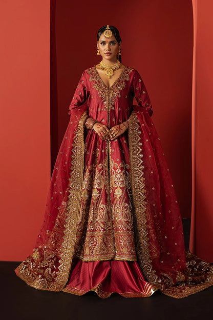Stunning coral red raw silk suit with digital printed embroidery, elegant front and back panels, and a matching organza dupatta—ideal for festive and formal occasions.