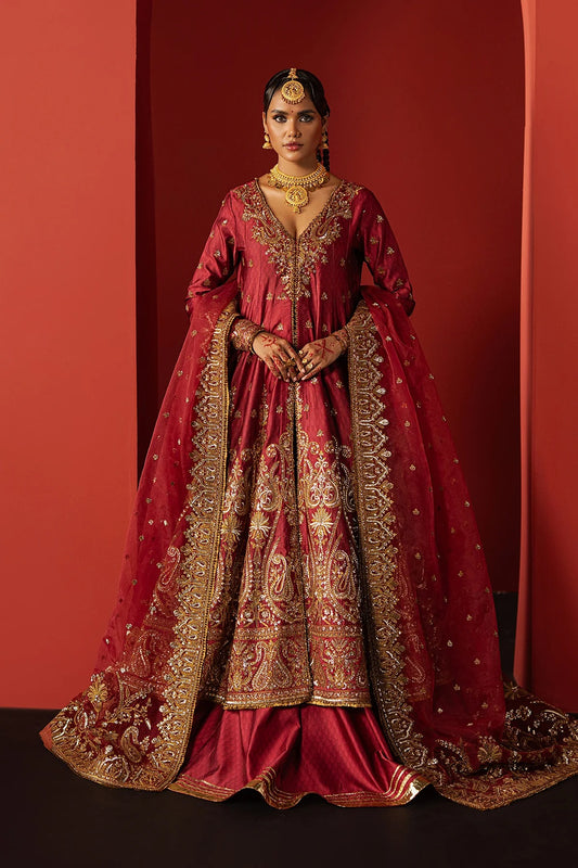 Stunning coral red raw silk suit with digital printed embroidery, elegant front and back panels, and a matching organza dupatta—ideal for festive and formal occasions.