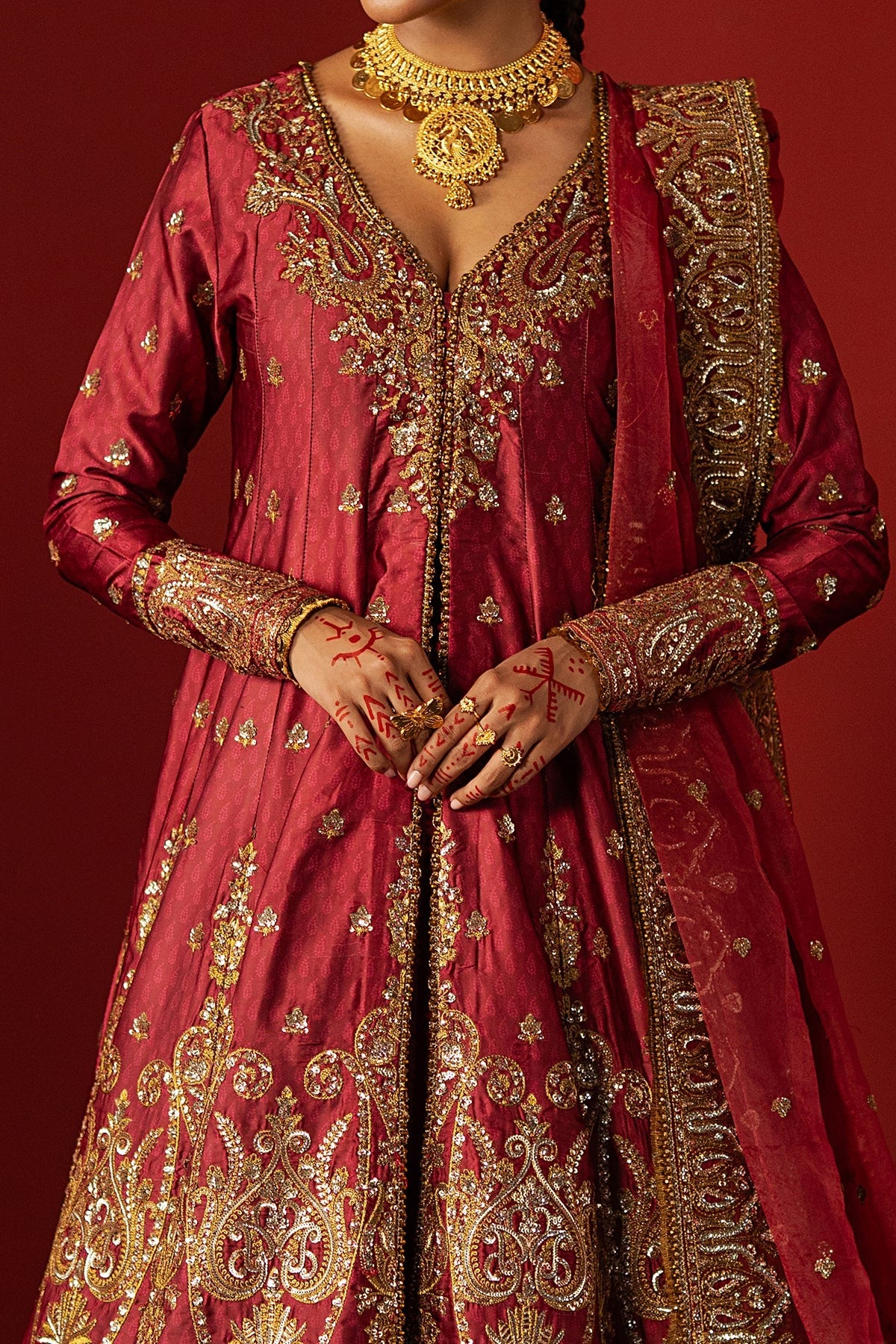 Stunning coral red raw silk suit with digital printed embroidery, elegant front and back panels, and a matching organza dupatta—ideal for festive and formal occasions.