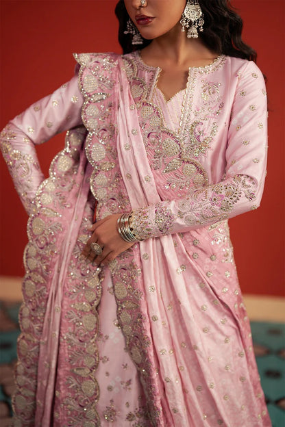 A stunning pastel pink raw silk suit featuring digital printed embroidery, elegant panel work, and a composed printed dupatta—perfect for chic festive and formal wear.