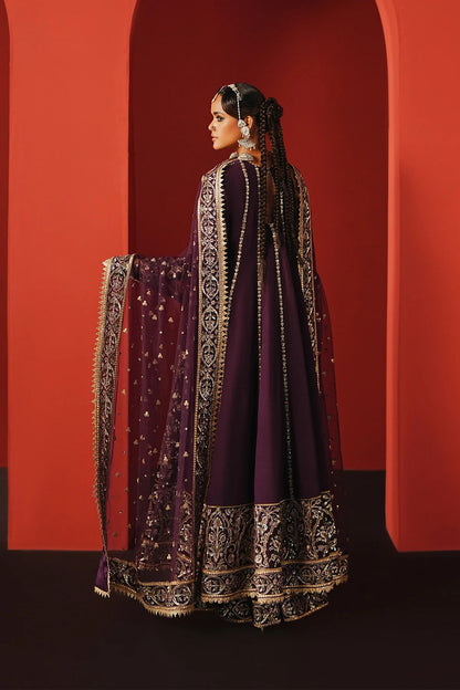 Experience elegance with this purple raw silk embroidered suit featuring premium panels, organza borders, and a net dupatta—perfect for festive and formal wear.
