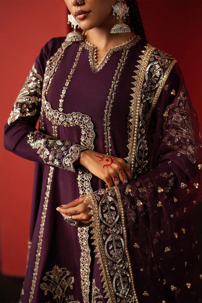 Experience elegance with this purple raw silk embroidered suit featuring premium panels, organza borders, and a net dupatta—perfect for festive and formal wear.