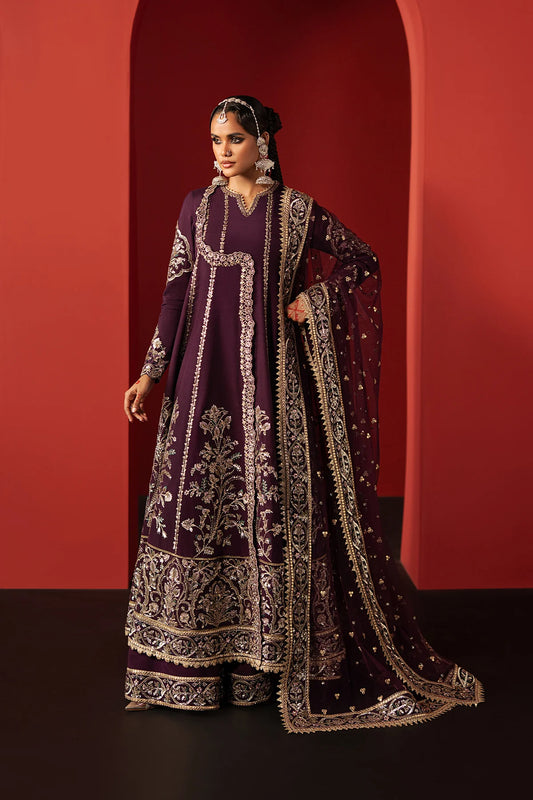 Experience elegance with this purple raw silk embroidered suit featuring premium panels, organza borders, and a net dupatta—perfect for festive and formal wear.