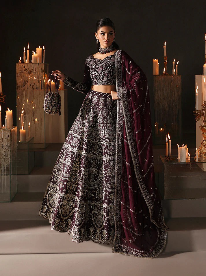 Premium embroidered velvet lehenga set with sequined bodice, raw silk panels & chiffon dupatta. Perfect for weddings, festive events & all-season luxury.