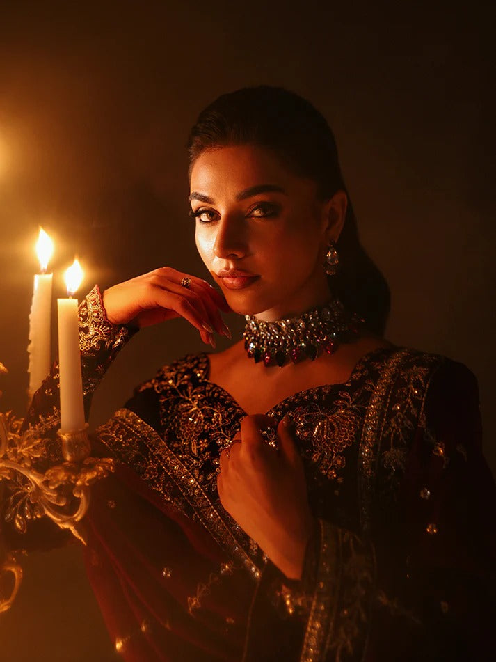 Premium embroidered velvet lehenga set with sequined bodice, raw silk panels & chiffon dupatta. Perfect for weddings, festive events & all-season luxury.