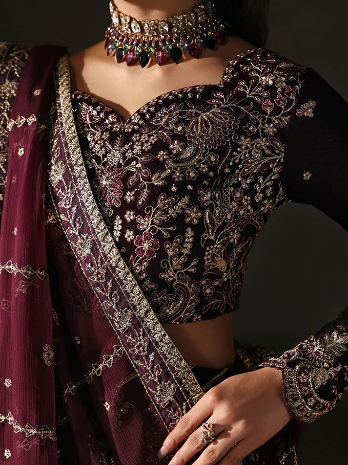 Premium embroidered velvet lehenga set with sequined bodice, raw silk panels & chiffon dupatta. Perfect for weddings, festive events & all-season luxury.