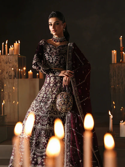 Premium embroidered velvet lehenga set with sequined bodice, raw silk panels & chiffon dupatta. Perfect for weddings, festive events & all-season luxury.