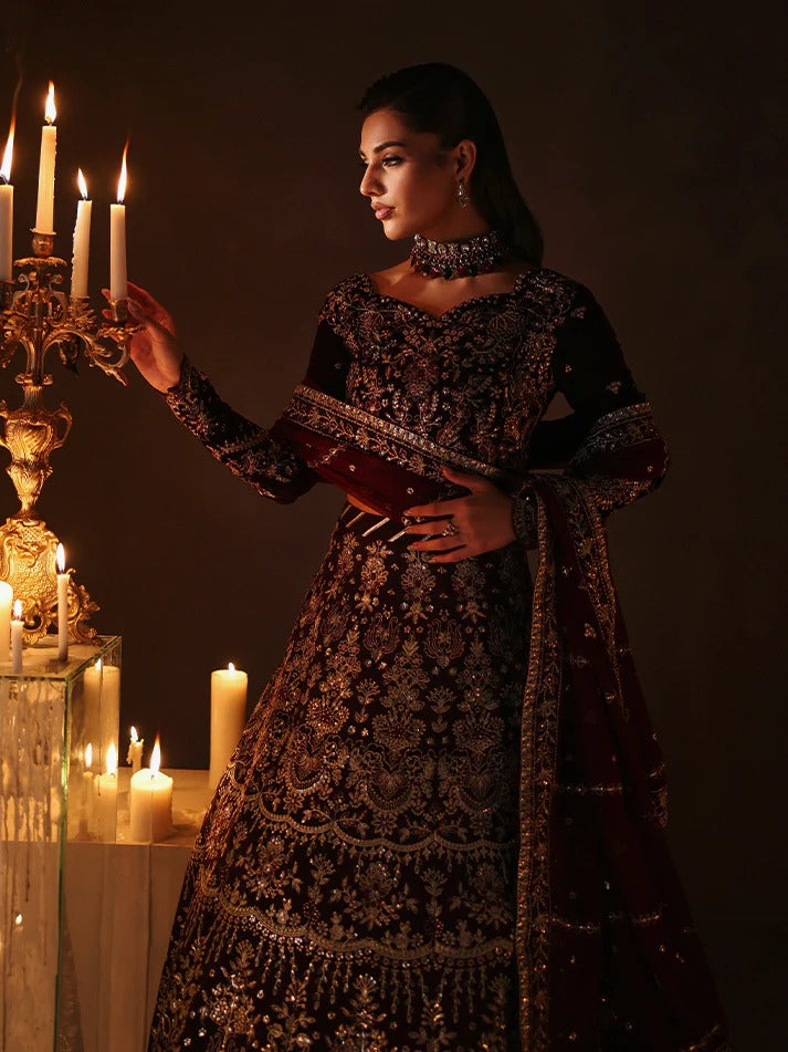 Premium embroidered velvet lehenga set with sequined bodice, raw silk panels & chiffon dupatta. Perfect for weddings, festive events & all-season luxury.