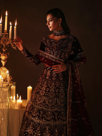 Premium embroidered velvet lehenga set with sequined bodice, raw silk panels & chiffon dupatta. Perfect for weddings, festive events & all-season luxury.