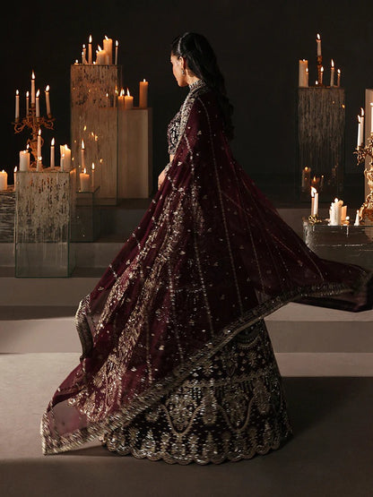 Premium embroidered velvet lehenga set with sequined bodice, raw silk panels & chiffon dupatta. Perfect for weddings, festive events & all-season luxury.