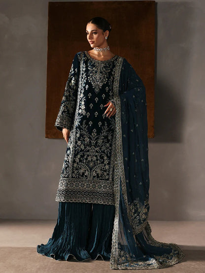 Stunning velvet embroidered 3PC sharara set with sequined panels, chiffon dupatta & raw silk sharara—perfect for weddings, parties & all-season luxury.