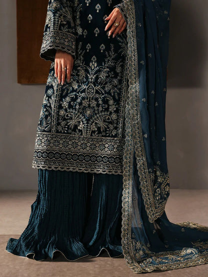 Stunning velvet embroidered 3PC sharara set with sequined panels, chiffon dupatta & raw silk sharara—perfect for weddings, parties & all-season luxury.