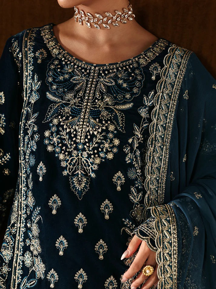 Stunning velvet embroidered 3PC sharara set with sequined panels, chiffon dupatta & raw silk sharara—perfect for weddings, parties & all-season luxury.