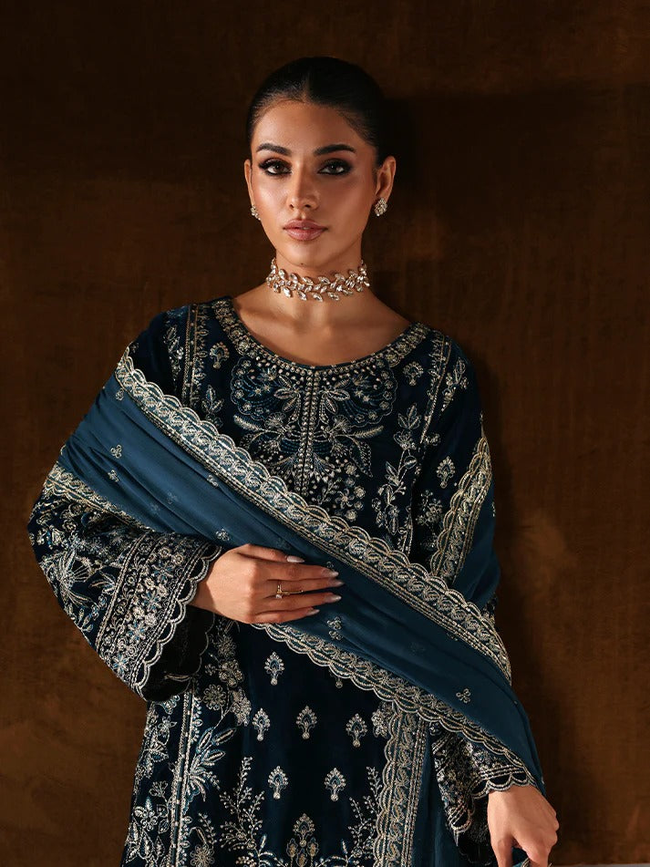 Stunning velvet embroidered 3PC sharara set with sequined panels, chiffon dupatta & raw silk sharara—perfect for weddings, parties & all-season luxury.