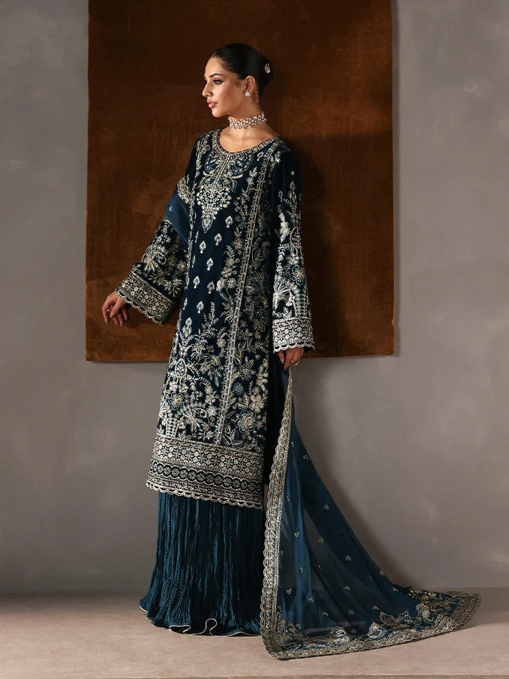 Stunning velvet embroidered 3PC sharara set with sequined panels, chiffon dupatta & raw silk sharara—perfect for weddings, parties & all-season luxury.